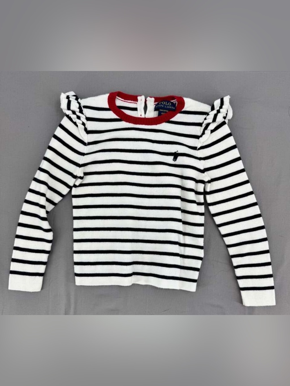 Polo Ralph Lauren White/Black Striped Ruffle-Trimmed Long-Sleeve Top for Kids